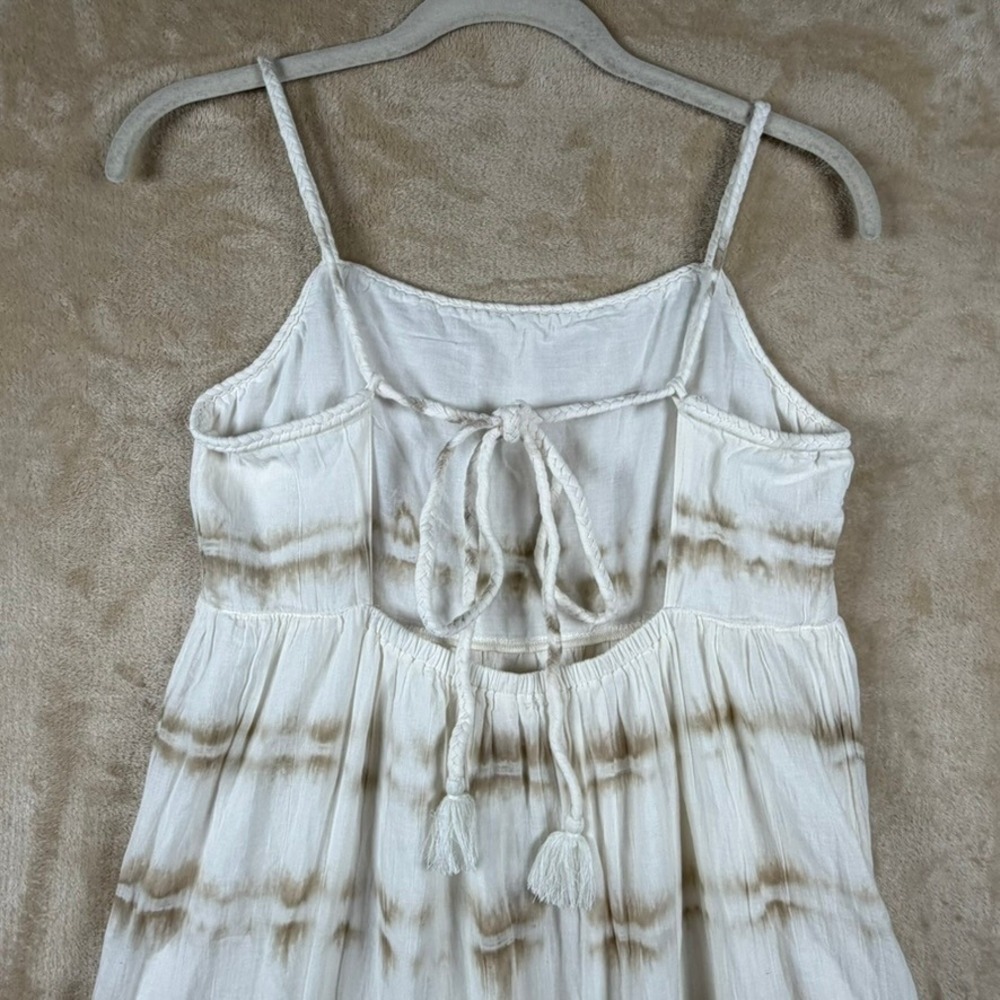 Aerie Women M White Tan Tie Dye Tiered Cotton Maxi Dress Braided Strap Open Back - Picture 7 of 10